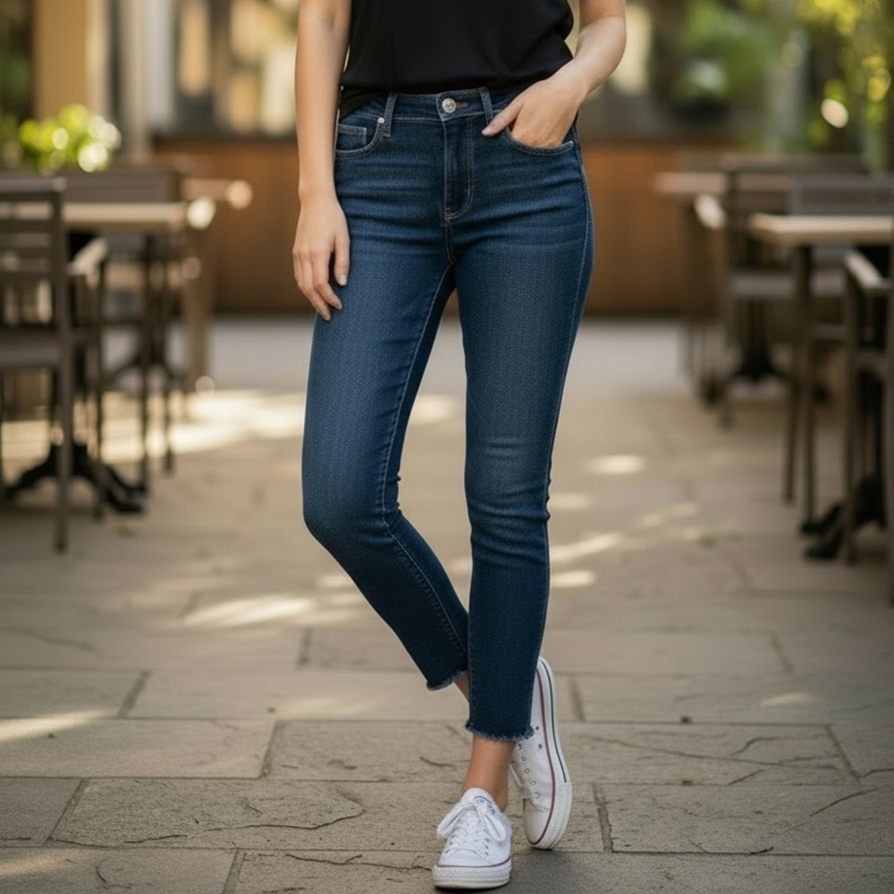 PAIGE (27) Skyline Skinny Crop Jean Mid-Rise Skinny Dark Wash Raw Edge Stretch
